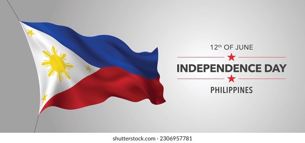 Philippines happy independence day greeting card, banner with template text vector illustration. Philippino memorial holiday 12th of June design element with 3D flag with stripes