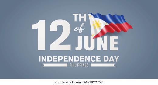 Philippines happy independence day greeting card, banner with template text vector illustration. Philippino memorial holiday 12th of June design element with 3D flag with cross
