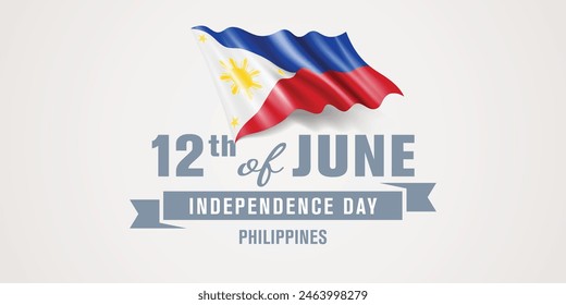 Philippines happy independence day greeting card, banner vector illustration. Philippino national holiday 12th of June design element with realistic flag