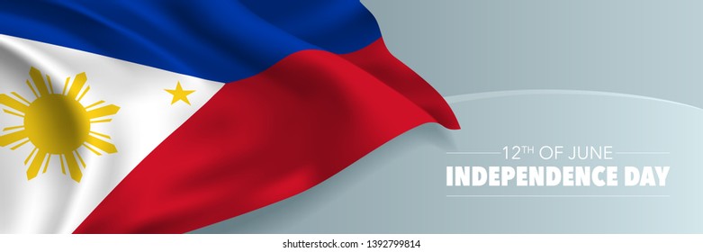 Filipinas feliz Día de la Independencia, bandera vectorial, tarjeta de saludo. Bandera ondulada filipina el 12 de junio Día nacional patriótico, diseño horizontal 