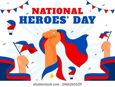 Ilustración vectorial del Día de los Héroes de Filipinas el 29 de agosto con banderas y lazos en una celebración nacional en Festiva, fondo plano estilo caricatura