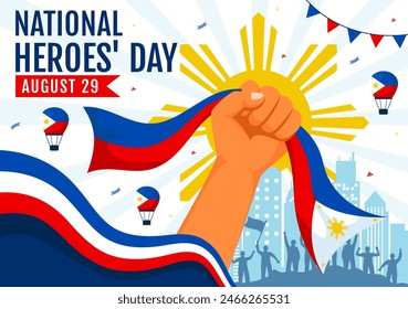 Philippines Heroes Day Vector Illustration on August 29 with Waving Flag and Ribbon in a National Holiday Celebration, Flat Cartoon Style Background