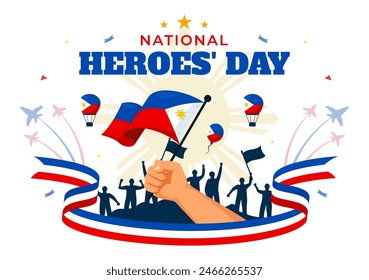 Ilustración vectorial del Día de los Héroes de Filipinas el 29 de agosto con banderas y lazos en una celebración nacional en Festiva, fondo plano estilo caricatura