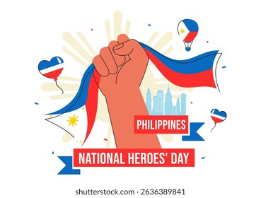 Philippines Heroes Day Vector Illustration to Commemorate and Honor National Heroes with a Waving Flag and Ribbon for a Patriotic Holiday Celebration
