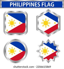 bandera de filipinas redonda, hexágono, duodécimo y cuadrado. Marco inoxidable. Ilustración del vector