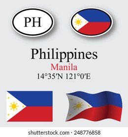 philippines icons set against gray background, abstract vector art illustration, image contains transparency