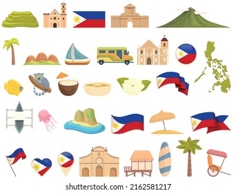 Philippines icons set cartoon vector.aa. Landmark culture