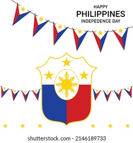 Día de la Independencia de Filipinas, 12 de junio texto en papel rojo y azul cortado y personajes artesanales en fondo de color