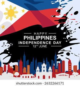 Philippines Independence Day 2025.Horizontal Banner illustration of Philippines independence day celebration with Philippine flag in pant splash, silhouettes of old buildings and modern skylines.