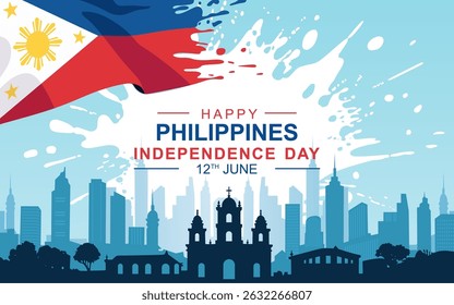 Philippines Independence Day 2025.Horizontal Banner illustration of Philippines independence day celebration with philippine flag in pant splash, silhouettes of old buildings and modern skylines.