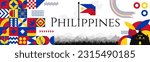 The Philippines Independence Day abstract banner design with flag and map. Flag color theme geometric pattern retro modern Illustration design. Blue, red, yellow and white color template.