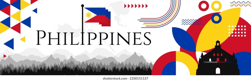 The Philippines Independence Day abstract banner design with flag and map. Flag color theme geometric pattern retro modern Illustration design. Blue, red, yellow and white color template.