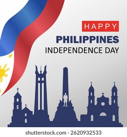 Philippines Independence Day Background Design. Banner, Poster, Greeting Card. skyline silhouette including Rizal Monument, Quezon Memorial Shrine, and historic churches. Vector Illustration.