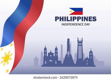 Banner do Dia da Independência das Filipinas, cartão comemorativo. Bandeira filipina acenando com silhueta do horizonte incluindo Monumento Rizal, Santuário Memorial Quezon e igrejas históricas. ilustração vetorial.