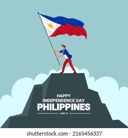 Philippines independence day banner, Young man waving flag on hill, as independence symbol, vector illustration.