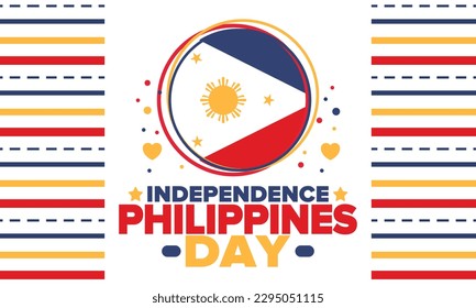 Día de la Independencia de Filipinas. Celebrado anualmente el 12 de junio en Filipinas. Feliz fiesta nacional de la libertad. Bandera de Filipinas. País del sudeste asiático. Diseño patriótico. Afiche del vector