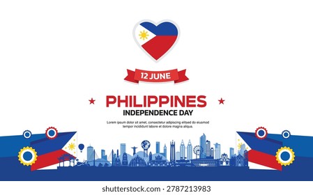 Philippines Independence Day Design, minimalist template of June 12 design elements with love and ribbon below, Philippines map and flag in poster and banner form