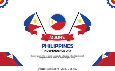 Philippines Independence Day Design, minimalist template of June 12 design elements with waving flag in the center, Philippines map and flag in poster and banner form