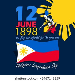 Philippines Independence Day event banner.  Philippines flag flying with bold text on dark blue background to celebrate on June 12th