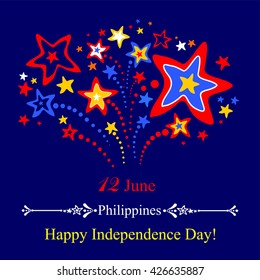 Philippines Independence Day Greeting Card. June 12. Celebration fireworks in Colors of the Philippines National Flag.  Vector Illustration