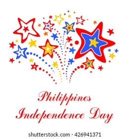 Philippines Independence Day Greeting Card. Celebration fireworks in Colors of the Philippines National Flag.  Vector Illustration