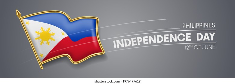 Philippines independence day vector banner, greeting card. Philippine wavy flag in 12th of June patriotic holiday horizontal design with realistic badge