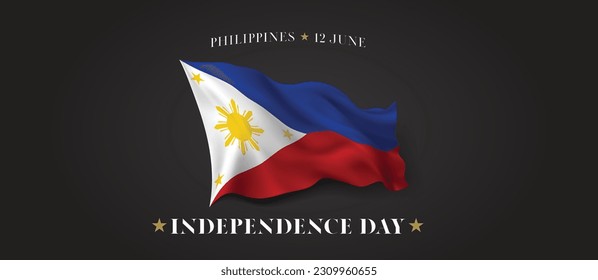 Philippines independence day vector banner, greeting card. Philippino wavy flag in 12th of June patriotic holiday horizontal design with realistic flag