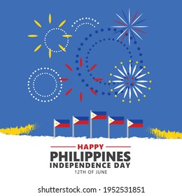 Ilustración vectorial del Día de la Independencia de Filipinas con banderas y fuegos artificiales. Tarjeta de saludo de día importante de la nación del sudeste asiático