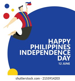 Philippines independence day vector illustration with a man jumping and holding the national flag. Southeast Asian country public holiday and festivity.