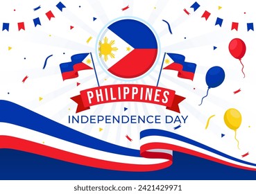 Philippines Independence Day Vector Illustration on 12 June with Waving Flag and Ribbon in National Holiday Celebration Flat Cartoon Background