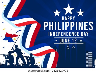 Philippines Independence Day Vector Illustration on 12 June with Waving Flag and Ribbon in National Holiday Celebration Flat Cartoon Background