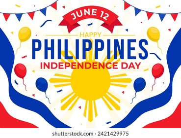 Ilustración vectorial del Día de la Independencia de Filipinas el 12 de junio con bandera ondulada y cinta de opciones en la celebración de festividad nacional fondo de caricatura plana