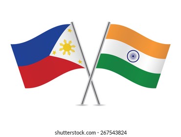 Philippines and India crossed flags. Philippine and Indian flags are isolated on white background. Vector icon set. Vector illustration.