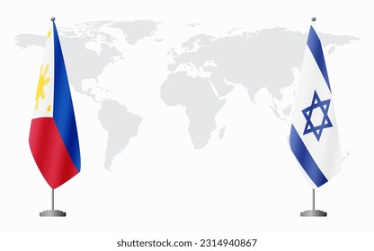 Philippines and Israel flags for official meeting against background of world map.