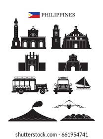 Philippines Landmarks Architecture Building Object Set, Design Elements, Black and White, Silhouette