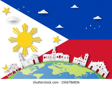 Philippines landmarks on earth and flag in paper cut style vector illustration.
