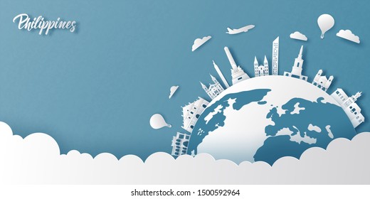 Philippines landmarks on earth in paper cut style vector illustration.