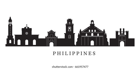 Philippines Landmarks Skyline In Black And White Silhouette, Cityscape, Travel And Tourist Attraction