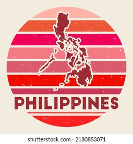 Philippines logo. Sign with the map of country and colored stripes, vector illustration. Can be used as insignia, logotype, label, sticker or badge of the Philippines.