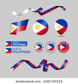 Philippines made in logo. Set of design flags label icon, stripes, ribbons