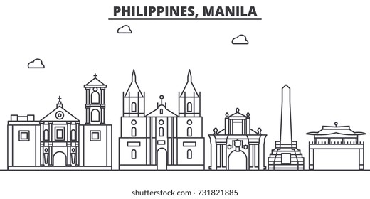 Philippines, Manila architecture line skyline illustration. Linear vector cityscape with famous landmarks, city sights, design icons. Landscape wtih editable strokes