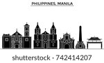 Philippines, Manila architecture vector city skyline, travel cityscape with landmarks, buildings, isolated sights on background