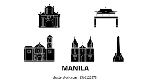 Philippines, Manila flat travel skyline set. Philippines, Manila black city vector illustration, symbol, travel sights, landmarks.