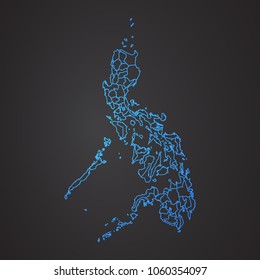 Philippines map: blue glitter outline with sparkling stars on dark background. Detailed map of Philippines. Vector illustration.