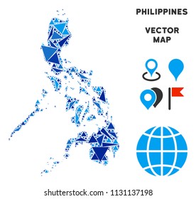 Philippines map collage of blue triangle items in various sizes and shapes. Vector triangles are combined into geographic Philippines map illustration.