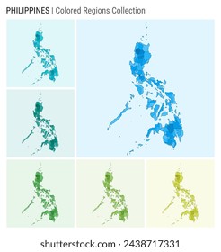 Philippines map collection. Country shape with colored regions. Light blue, cyan, teal, green, light green, lime color palettes. Border of the Philippines with provinces for your infographic.