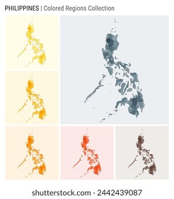 Philippines map collection. Country shape with colored regions. Blue, Grey, Yellow, Amber, Orange, Deep Orange, Brown color palettes. Border of Philippines with provinces for your infographic.