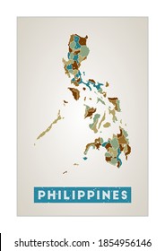 Philippines map. Country poster with regions. Old grunge texture. Shape of Philippines with country name. Stylish vector illustration.