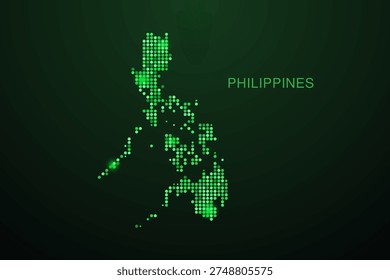 Philippines Map - Digital dotted map with glowing green points on dark background, modern technology style, abstract data network design, clean minimal geometric vector illustration.
