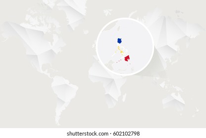 Philippines map with flag in contour on white polygonal World Map. Vector Illustration.